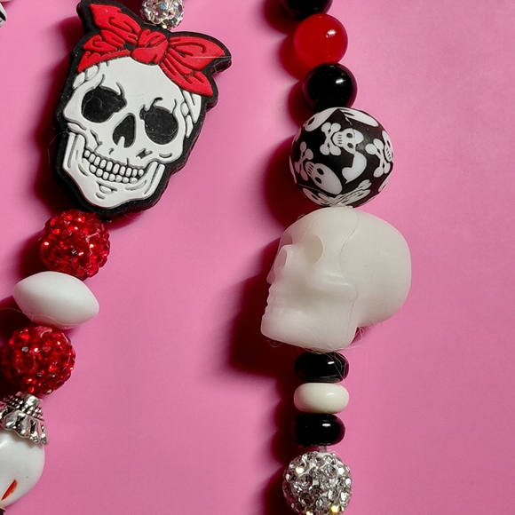 Gothic Skull Beaded Keychain Bag Charm with Rhinstone Bead Accents - Picture 4 of 6